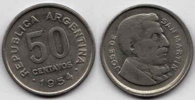 монета Аргентина 50 сентаво 1954 год