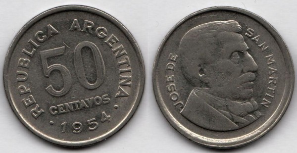 монета Аргентина 50 сентаво 1954 год