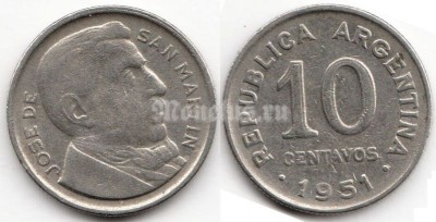 монета Аргентина 10 сентаво 1951 год