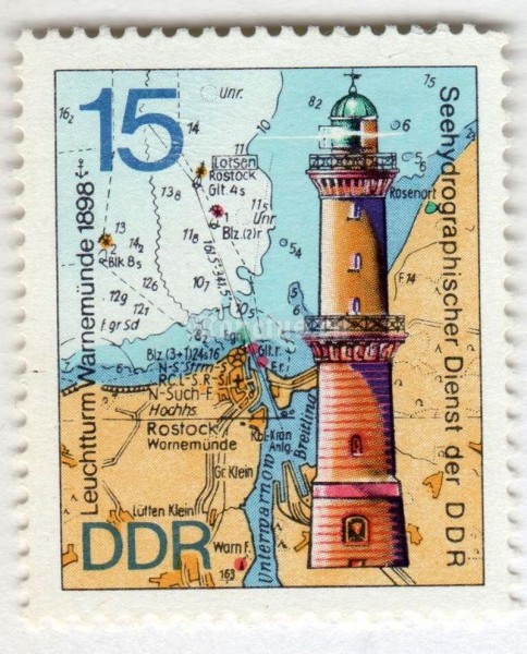 марка ГДР 15 пфенниг "Warnemünde Lighthouse, 1898" 1974 год