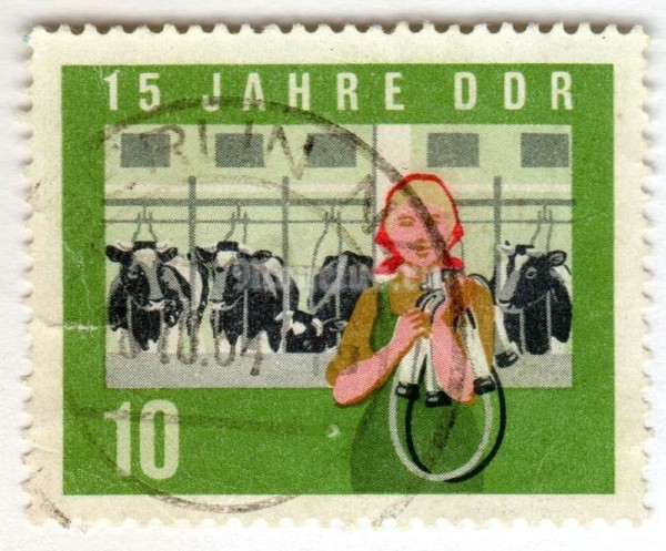 марка ГДР 10 пфенниг "Milkmaid, cows" 1964 год Гашение