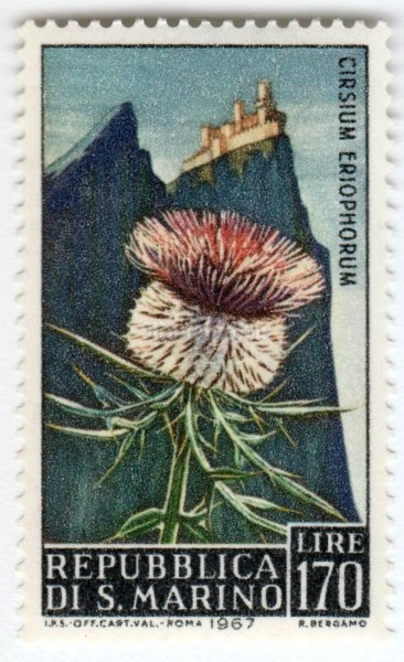 марка Сан-Марино 170 лир "Thistle (Cirsium eriophorum)" 1967 год