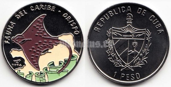 монета Куба 1 песо 1994 год Карибская фауна - Манта (Manta birostris). Цветная эмаль