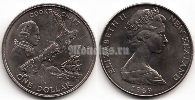 монета Новая Зеландия 1 доллар 1969 год - 200 лет путешествию Капитана Кука
