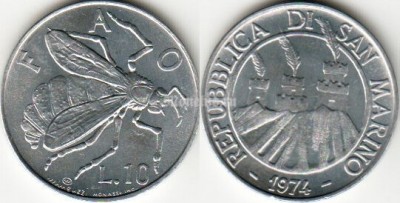 монета Сан Марино 10 лир 1974 год FAO Пчела