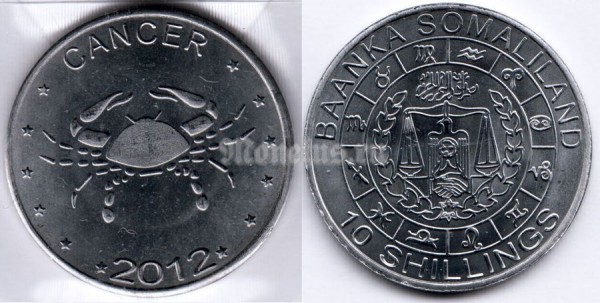 монета Сомалиленд 10 шиллингов 2012 год серия Знаки зодиака - рак