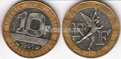 монета Франция 10 франков 1991 годы Гений свободы — фрагмент Июльской колонны на площади Бастилии