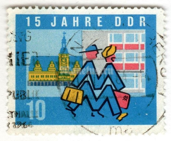 марка ГДР 10 пфенниг "Leipziger exhibitionm, Old Town Hall" 1964 год Гашение