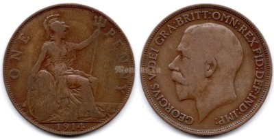 монета Великобритания 1 пенни 1914 год