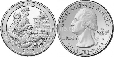 ​монета США 25 центов 2017 год Национальный монумент острова Эллис, штат Нью-Джерси, 39-й парк