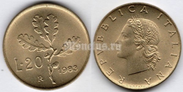 Монета Италия 20 лир 1983 год