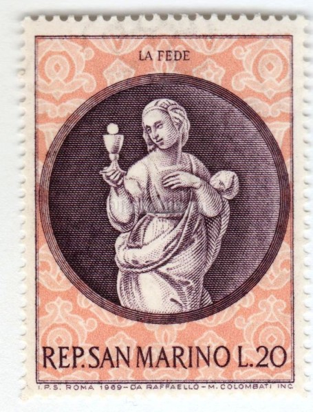 марка Сан-Марино 20 лир "“Faith” by Raphael" 1969 год