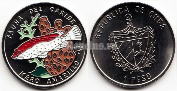 монета Куба 1 песо 1994 год Карибская фауна - Разноцветный групер. Цветная эмаль