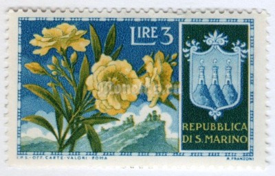 марка Сан-Марино 3 лиры "Oleander (Nerium oleander)" 1953 год