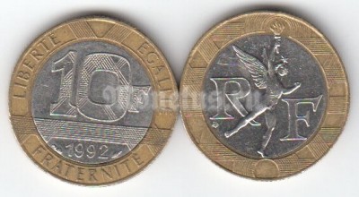 монета Франция 10 франков 1992 годы Гений свободы — фрагмент Июльской колонны на площади Бастилии
