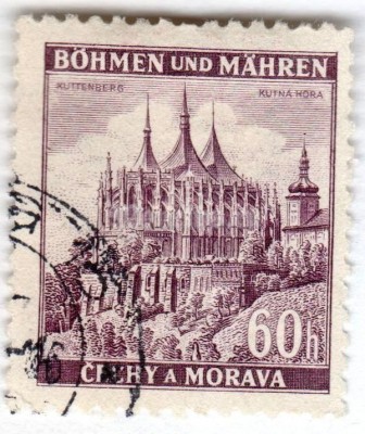 марка Богемия и Моравия 60 геллер "Kuttenberg / Kutná Hora" 1939 год Гашение