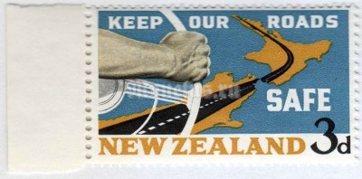 марка Новая Зеландия 3 пенни "Hand on the wheel & map of New Zealand" 1964 год