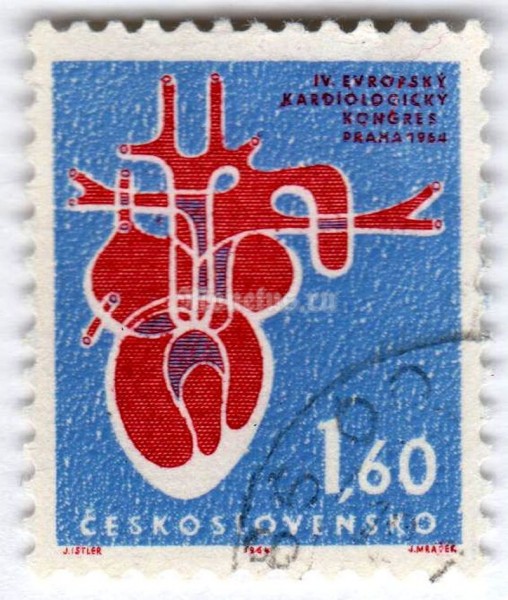 марка Чехословакия 1,60 кроны "Human heart" 1964 год Гашение 