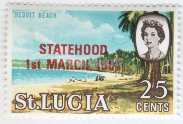марка Сент-Люсия 25 центов "Reduit Beach" 1967 год
