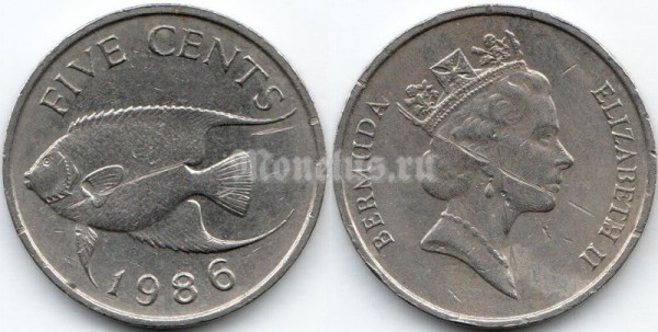 монета Бермуды 5 центов 1986 год