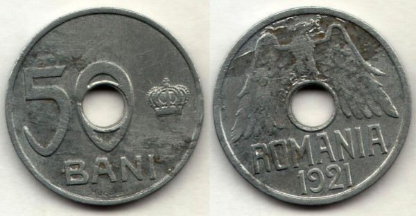 монета Румыния 50 бань 1921 год Фердинанд I