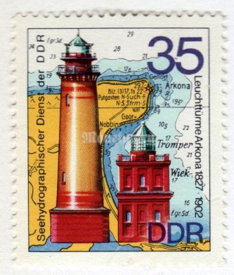 марка ГДР 35 пфенниг "Arkona Lighthouse in 1827 and 1902" 1974 год