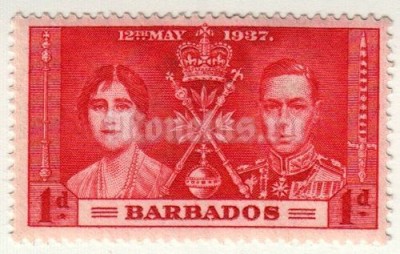 марка Барбадос 1  пенни "Король Георг VI и королева Елизавета" 1937 год