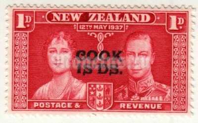 марка Острова Кука 1 пенни "Надпечатка марки НЗ - короля Георга VI и королевы Елизаветы I" 1937 год