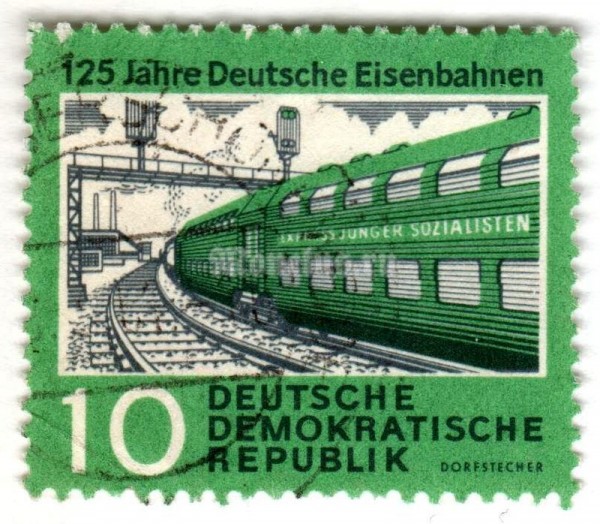марка ГДР 10 пфенниг "Double-decker train links" 1960 год Гашение