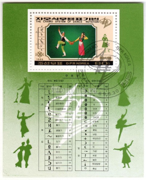 блок Северная Корея 80 чон "Chamo System of Dance Notation" 1989 год Гашение