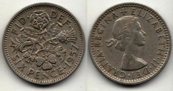 Монета Великобритания 6 пенсов 1957 год