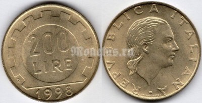 Монета Италия 200 лир 1977 - 1998 год
