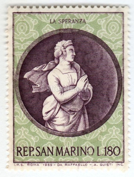 марка Сан-Марино 180 лир "“Hope” by Raphael" 1969 год