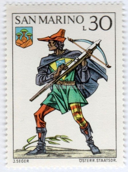 марка Сан-Марино 30 лир "Uniforms" 1973 год