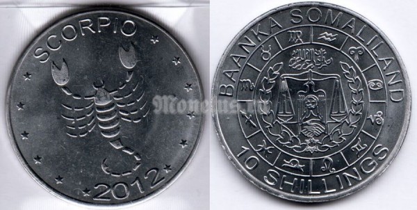 монета Сомалиленд 10 шиллингов 2012 год серия Знаки зодиака - скорпион