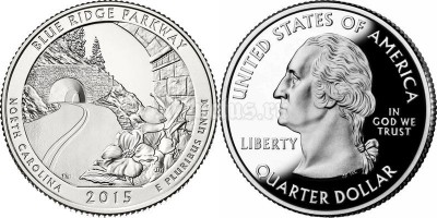 монета США 25 центов 2015 год штат Северная Каролина, Автомагистраль Блу-Ридж, 28-й