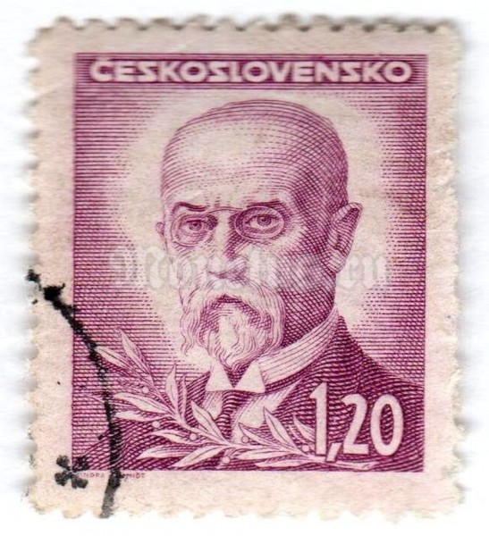 марка Чехословакия 1,20 кроны "Tomáš Garrigue Masaryk (1850-1937), president" 1946 год Гашение