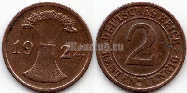 монета Германия 2 рентенпфеннига 1924 год F