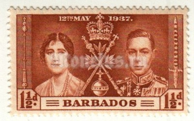 марка Барбадос 1 1/2 пенни "Король Георг VI и королева Елизавета" 1937 год