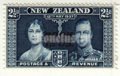 марка Острова Кука 2 1/2 пенни "Надпечатка марки НЗ - короля Георга VI и королевы Елизаветы I" 1937 год