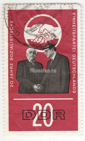 марка ГДР 20 пфенниг "Wilhelm Pieck (1876-1960) and Otto Grotewohl (1894-1964)" 1966 год Гашение