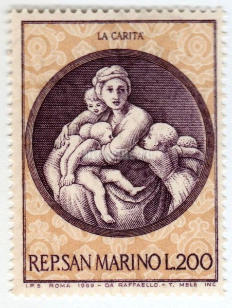 марка Сан-Марино 200 лир "“Charity” by Raphael" 1969 год