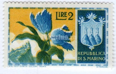 марка Сан-Марино 2 лиры "Flowers 1st Set" 1953 год