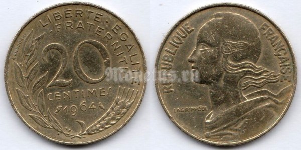 монета Франция 20 сантимов 1964 год