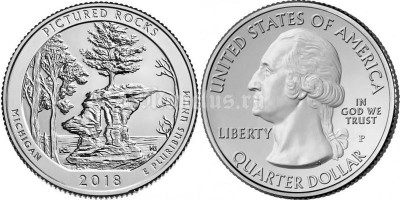 монета США 25 центов 2018 год Национальные озёрные побережья живописных камней, штат Мичиган, 41-й парк