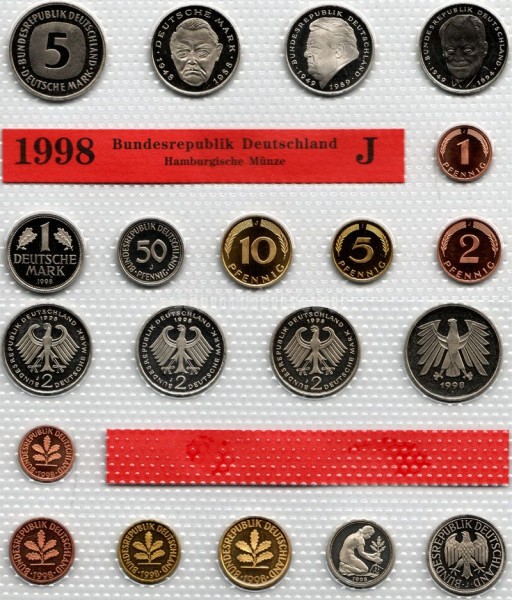 Германия годовой набор из 10-ти монет 1998J год PROOF