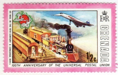 марка Гренада 1/2 цента "19th Century US Mail Train & Concorde" 1974 год