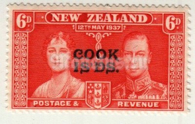 марка Острова Кука 6 пенни "Надпечатка марки НЗ - короля Георга VI и королевы Елизаветы I" 1937 год