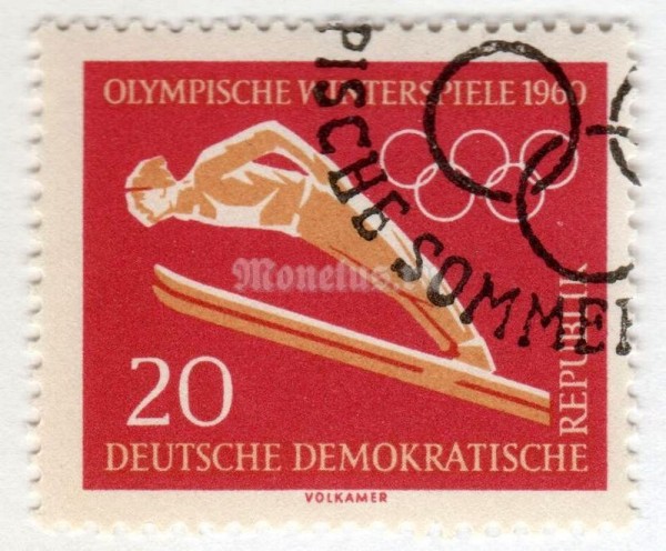 марка ГДР 20 пфенниг "Ski Jumping" 1960 год Гашение