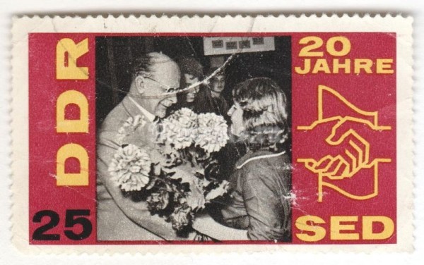 марка ГДР 25 пфенниг "W. Ulbricht with workers" 1966 год Гашение